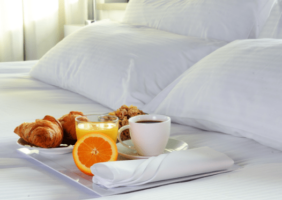 Breakfast tray in hotel room