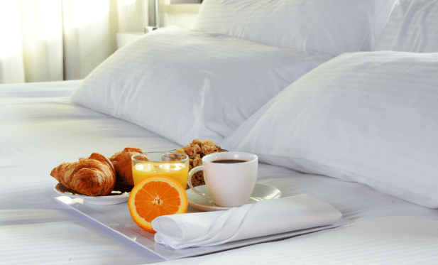 Breakfast tray in hotel room