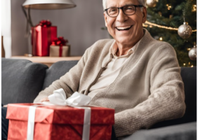 Elderly man sitting in-front of the Christmas tree with a large present on his lap