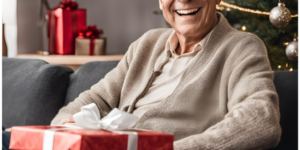 Elderly man sitting in-front of the Christmas tree with a large present on his lap