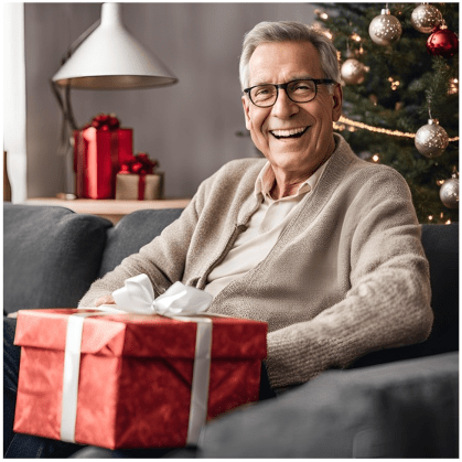 Elderly man sitting in-front of the Christmas tree with a large present on his lap